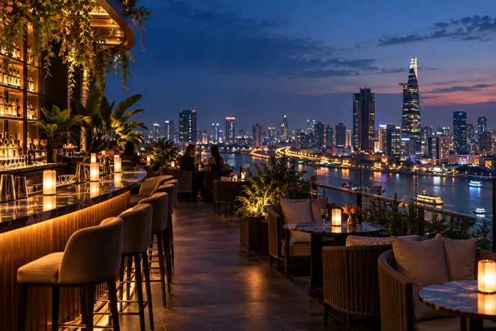 Rooftop cocktails overlooking Ho Chi Minh City at night