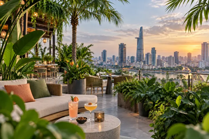Tropical rooftop terrace overlooking Ho Chi Minh City
